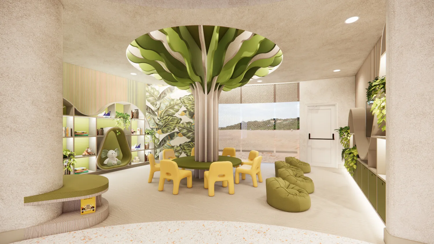 Playful kids' area at Zemi Miches All-Inclusive Resort with treetop reading nook and seating.