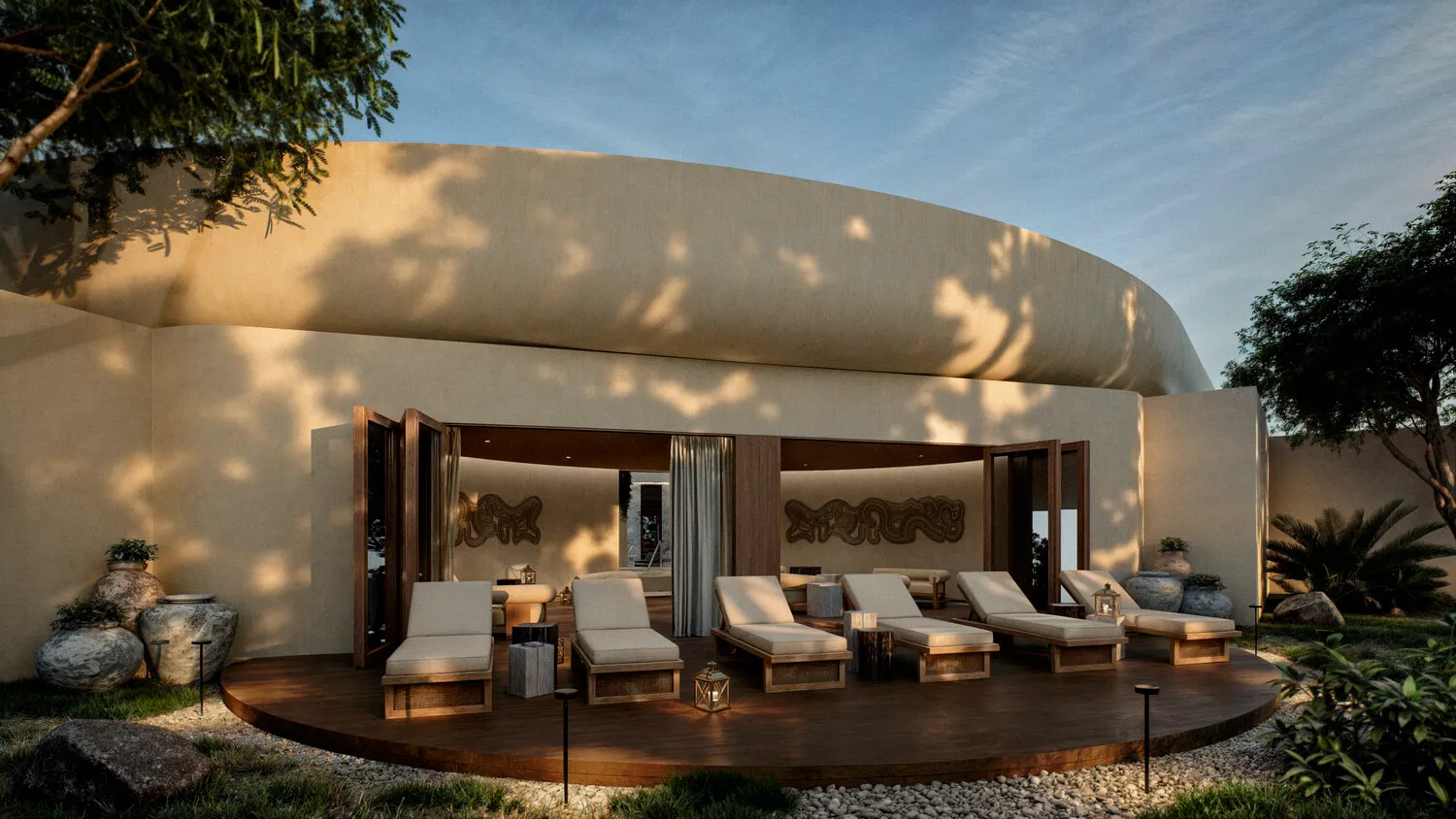 Relaxing lounge area at the Zemi Miches All-Inclusive Resort, featuring comfortable loungers and a tranquil outdoor setting.