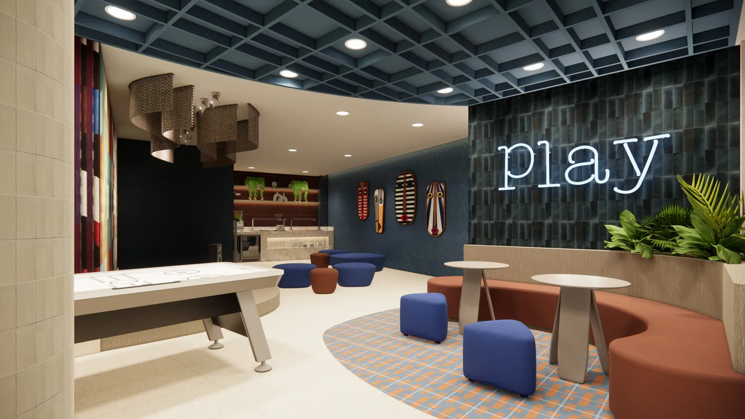 Modern game room at Zemi Miches All-Inclusive Resort with air hockey table and seating.