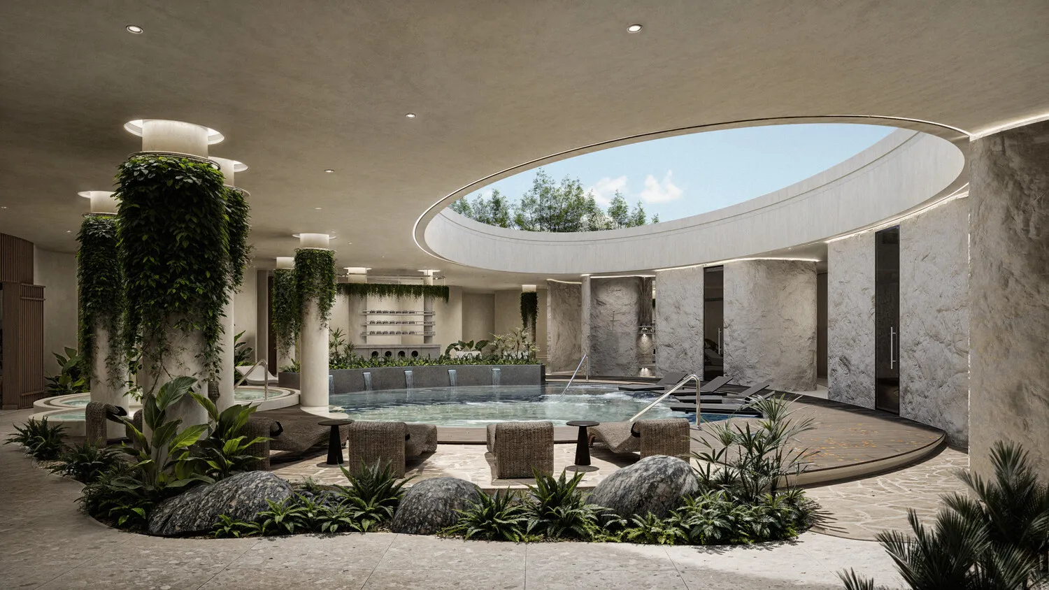 Tranquil spa pool and lounge area at the Zemi Miches All-Inclusive Resort.