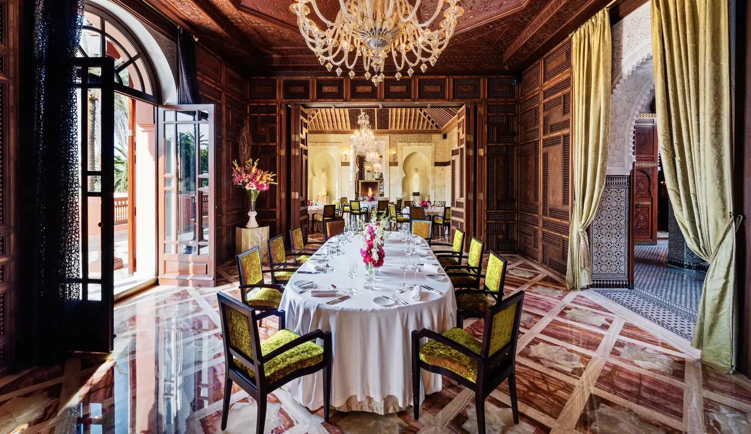 Elegantly set dining table in the Royal Mansour Marrakech, perfect for celebrations.