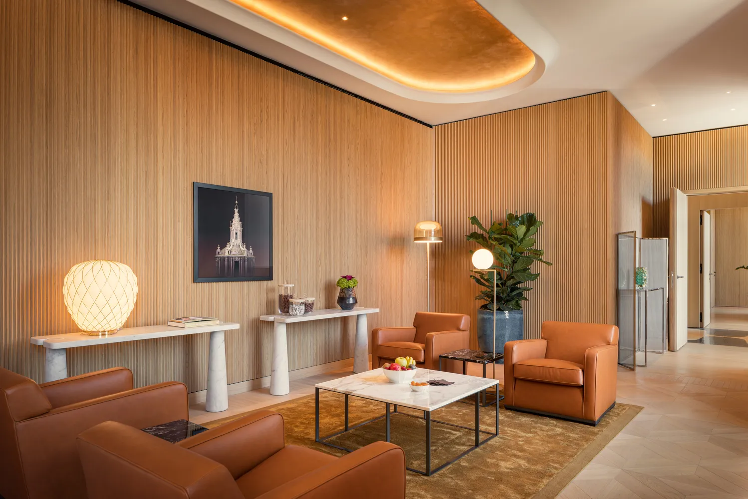 Luxurious lounge at the Bvlgari Hotel Roma, perfect for weddings.