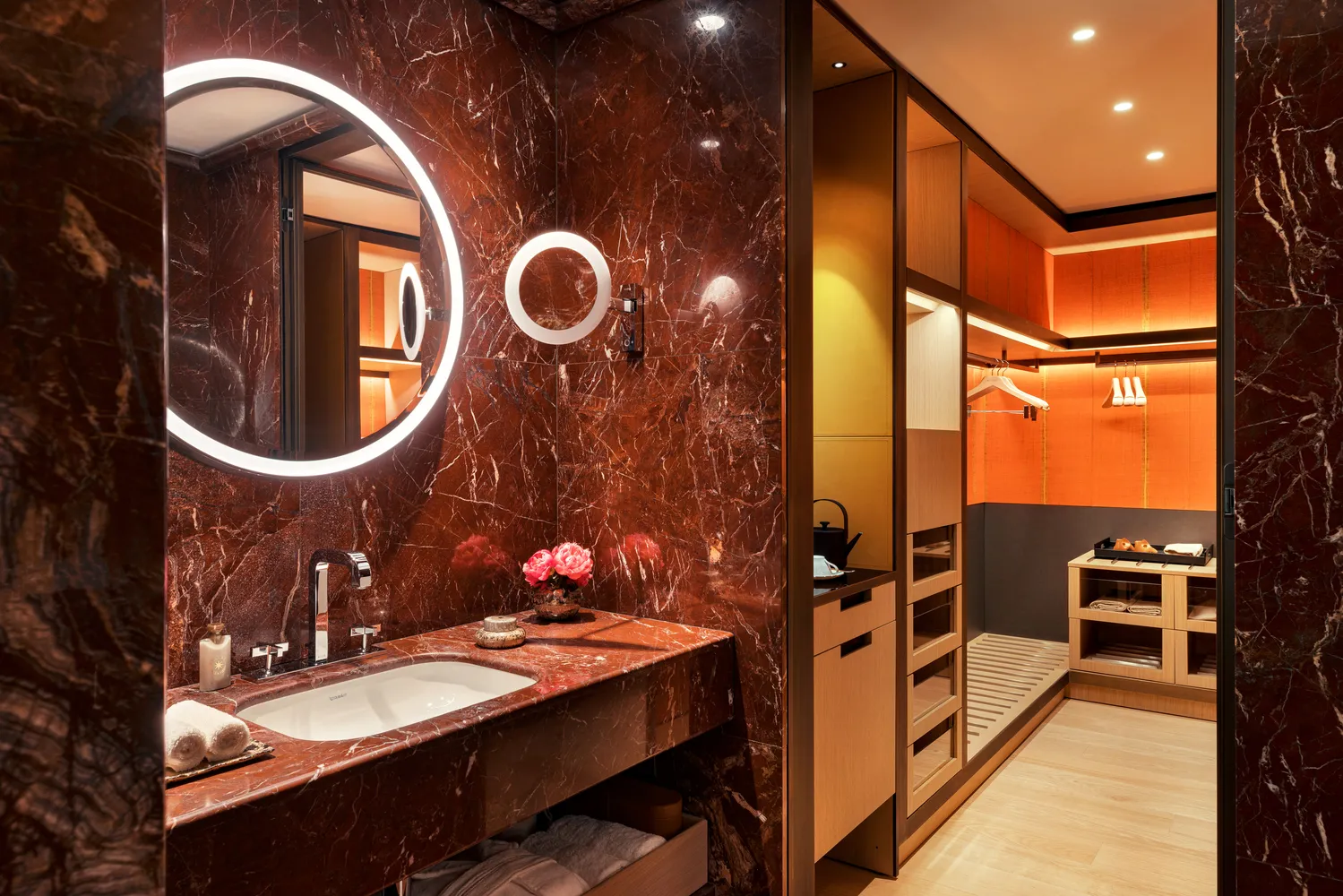 Luxurious bathroom and dressing room at the Bvlgari Hotel Roma, perfect for wedding preparations.