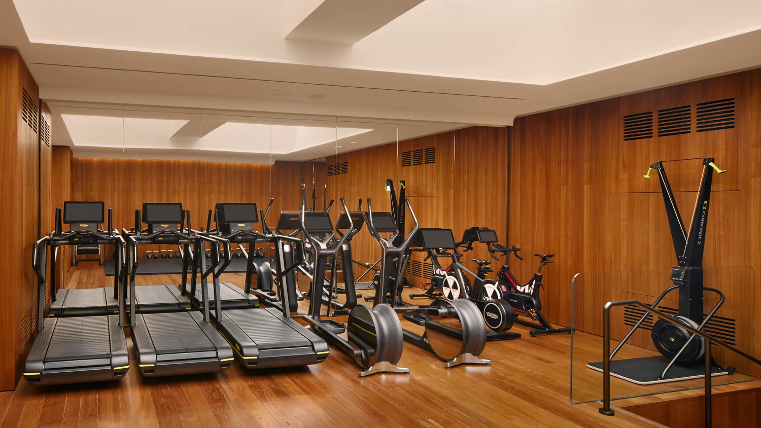 Modern gym at the Bvlgari Hotel Roma, featuring treadmills and other exercise equipment.