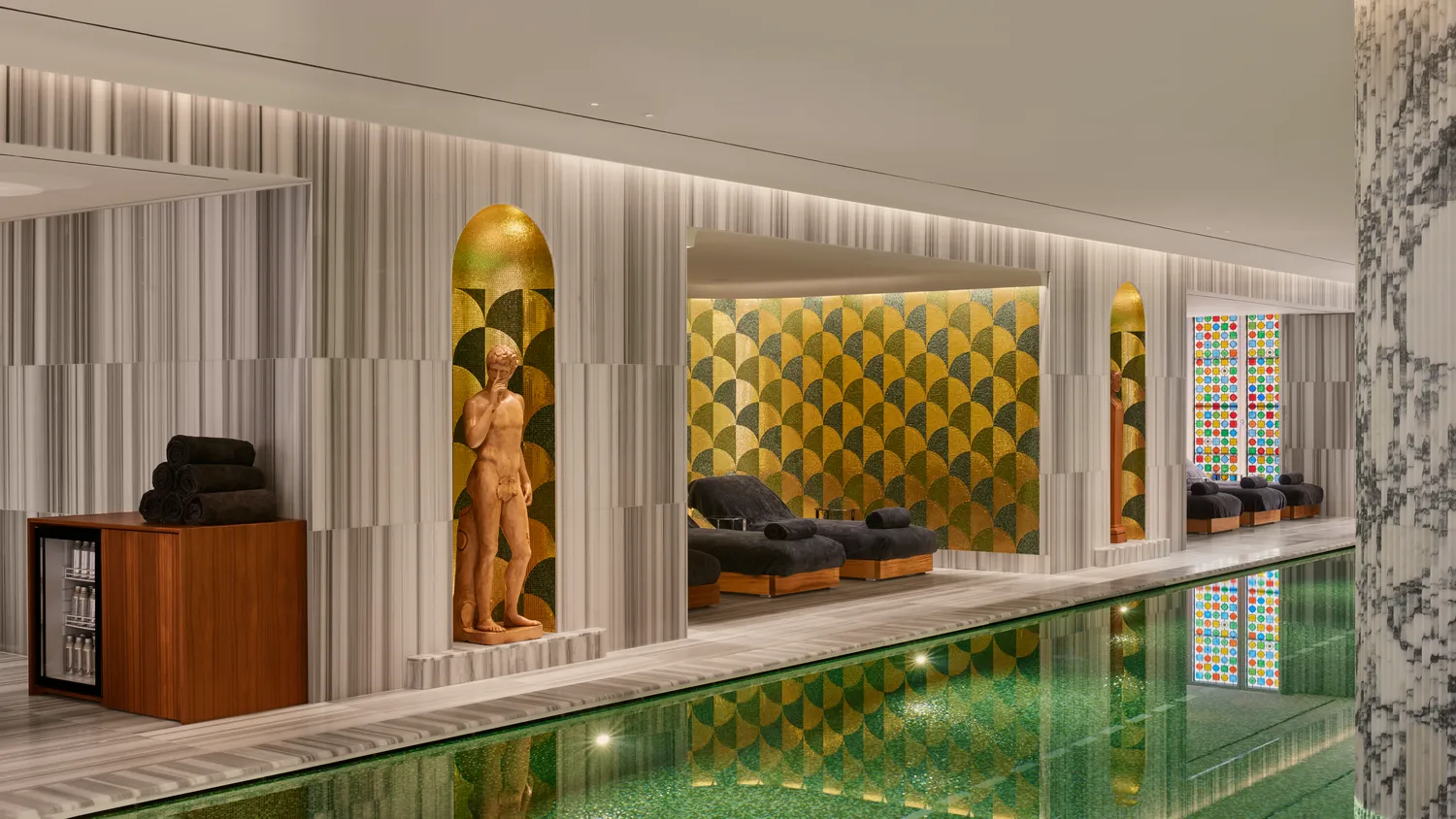 Luxury indoor pool and relaxation area at the Bvlgari Hotel Roma.