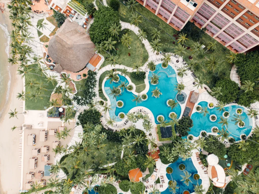 Aerial view of The Westin Playa Vallarta's resort pools and lush landscaping. Perfect for a beach wedding in Puerto Vallarta.
