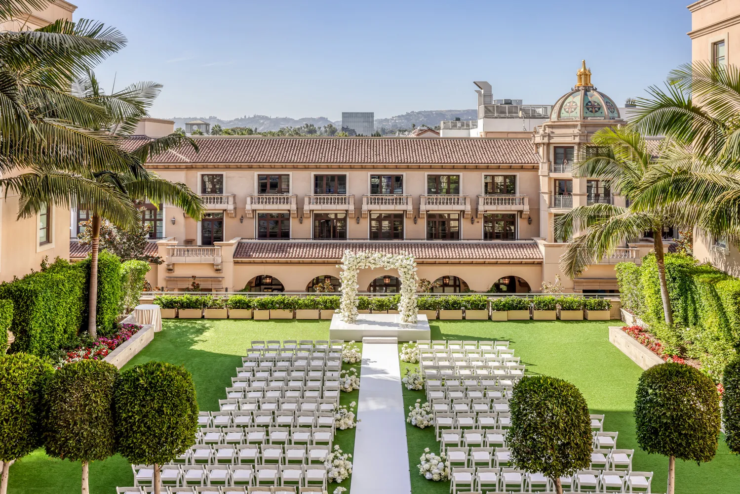 Outdoor wedding ceremony setup at the Maybourne Beverly Hills, a luxurious Beverly Hills wedding venue.