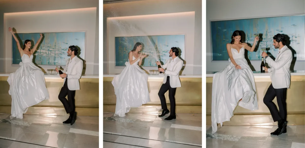 Happy couple celebrating with champagne at the Conrad Orlando