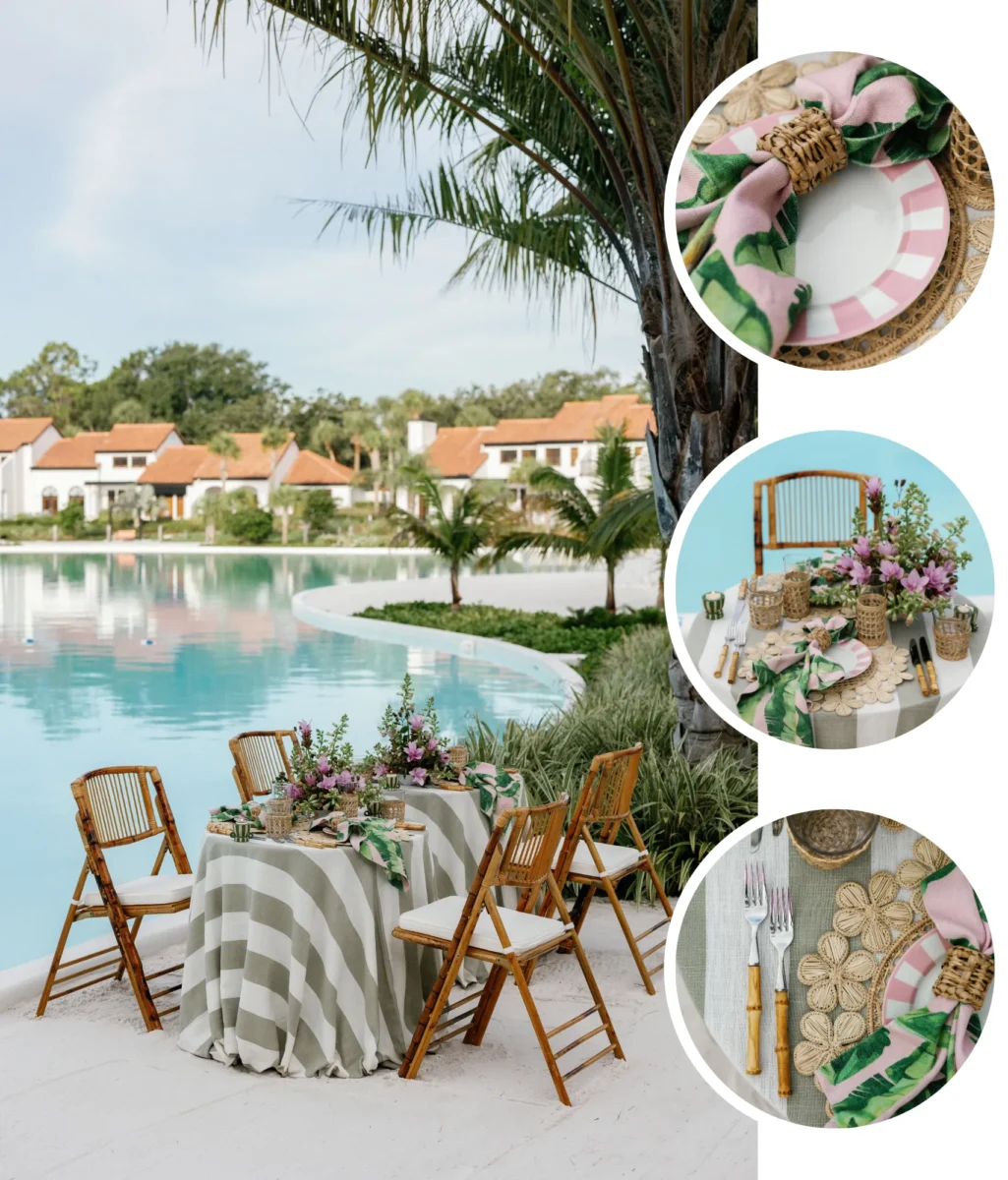 Relaxing poolside tablescape at Conrad Orlando with striped tablecloth and tropical leaf napkins.