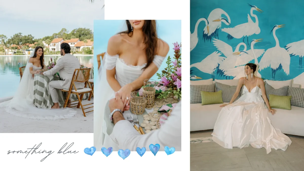 Bride and groom at a romantic Conrad Orlando poolside dinner, with a second image of the bride in a luxurious setting.