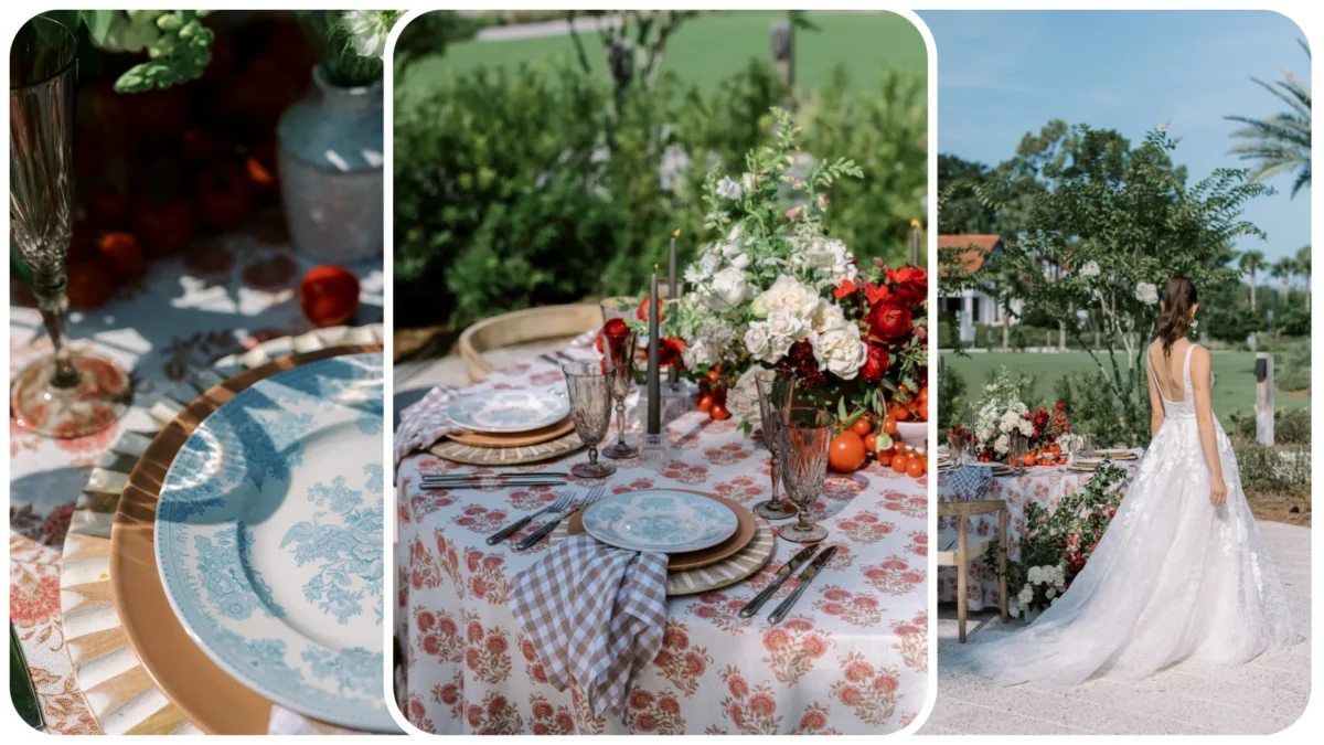 Elegant outdoor wedding reception at Conrad Orlando, featuring a floral centerpiece and place settings.