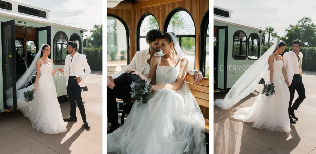 Bride and groom exiting a vintage trolley at Conrad Orlando.