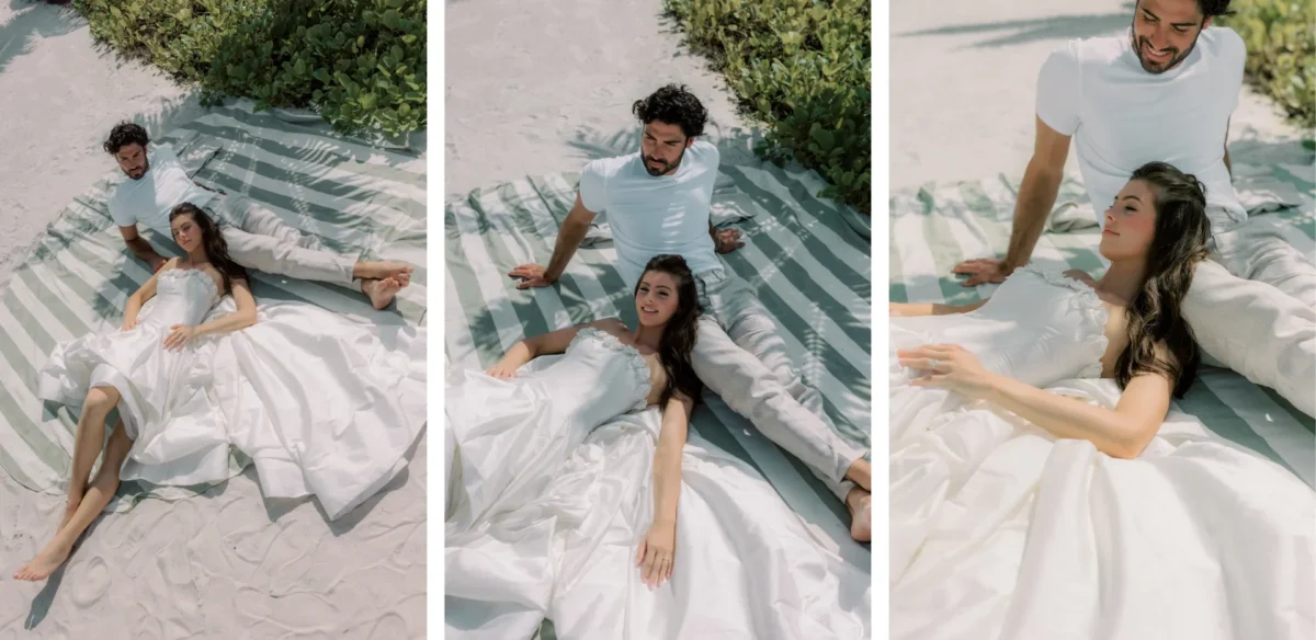 Couple in wedding attire relaxing on a beach blanket at Conrad Orlando.