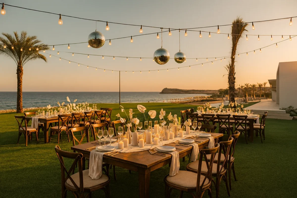 Elegant outdoor wedding reception at Park Hyatt Los Cabos with ocean views. Featuring tables, string lights, and disco balls.