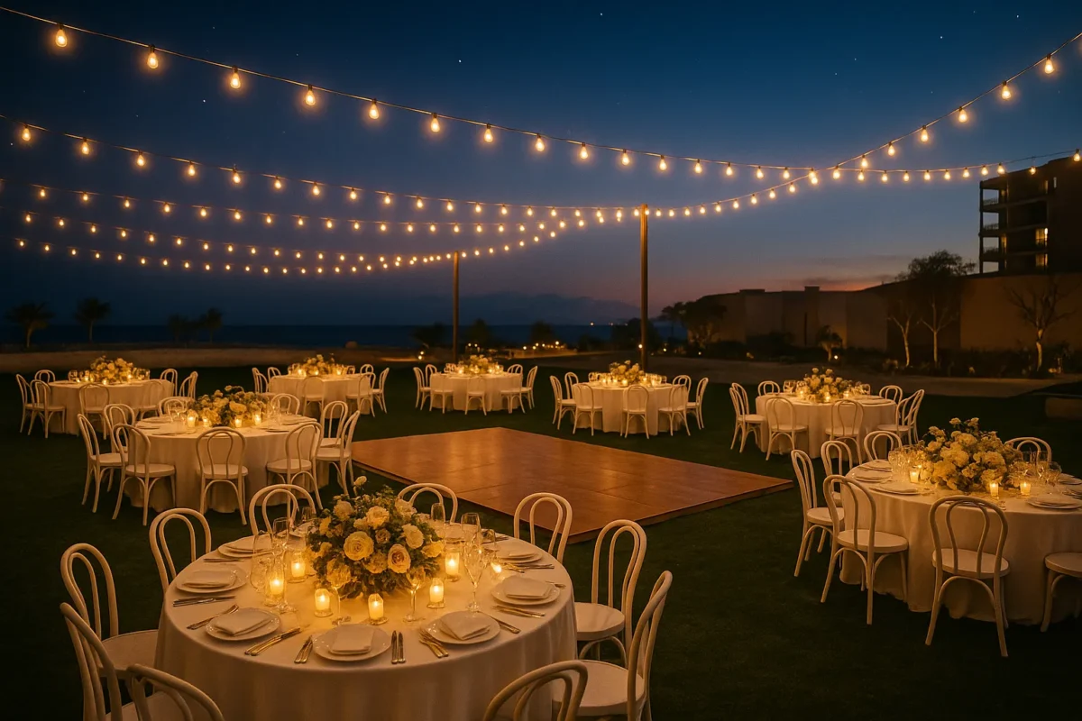 Outdoor wedding reception at Park Hyatt Los Cabos at Cabo del Sol with string lights and floral centerpieces. Park Hyatt Los Cabos wedding.