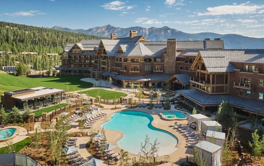 Montage Big Sky resort in Montana, featuring a pool and mountain views. A perfect Montana wedding venue.