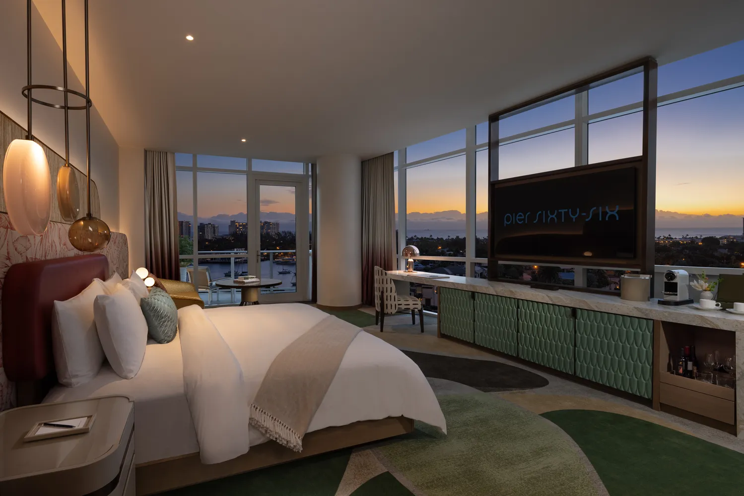 Modern hotel room with sunset view at Pier Sixty-Six, Fort Lauderdale wedding venue