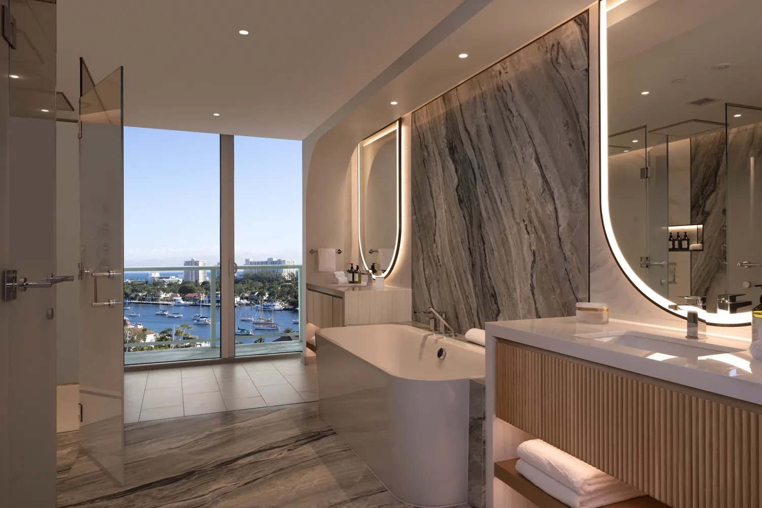 Luxurious bathroom with a view of Fort Lauderdale, ideal for a wedding venue setting