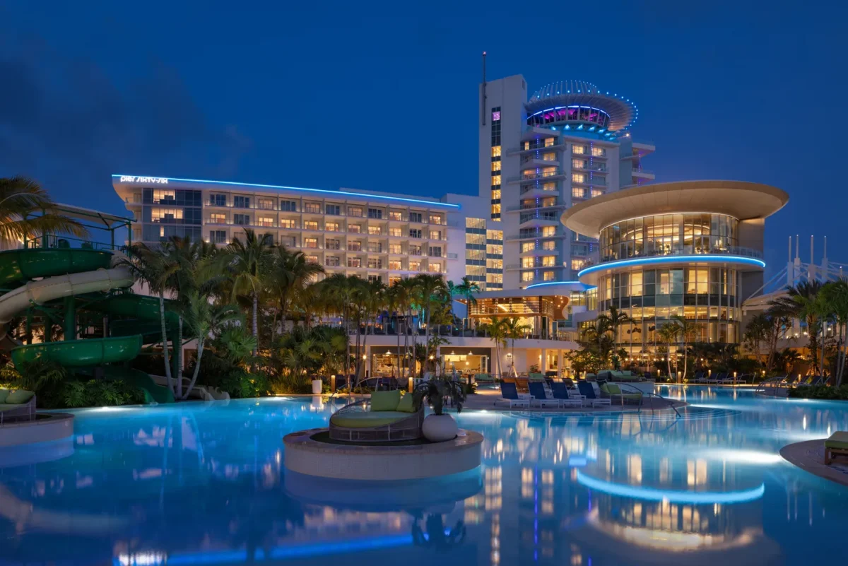 Pier Sixty-Six Hotel in Fort Lauderdale at night, showcasing the pool and waterpark. Luxury Fort Lauderdale wedding venue.