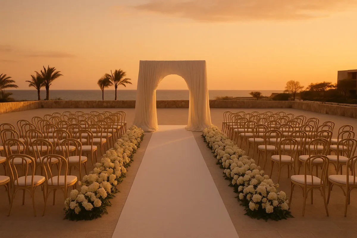 Wedding ceremony setup at Park Hyatt Los Cabos with ocean view. Elegant wedding arch and aisle.