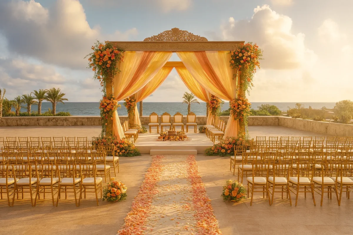 Elegant Park Hyatt Los Cabos wedding ceremony setup with ocean view. Featuring a floral mandap and rows of chairs.