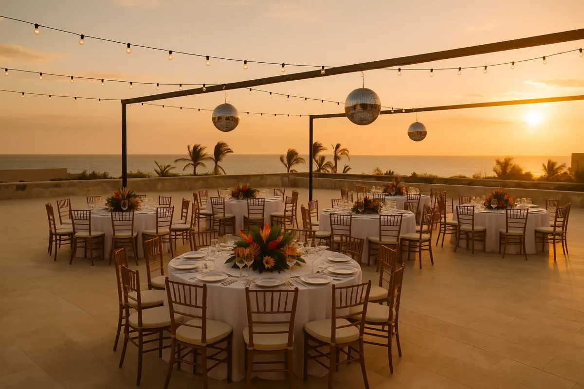 Sunset wedding reception at Park Hyatt Los Cabos with disco balls and ocean view