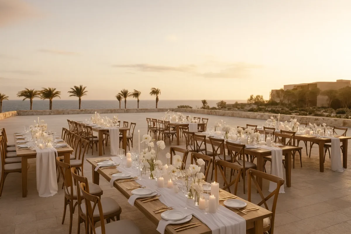Elegant outdoor wedding reception at Park Hyatt Los Cabos with ocean view, featuring long tables, floral arrangements, and candles.