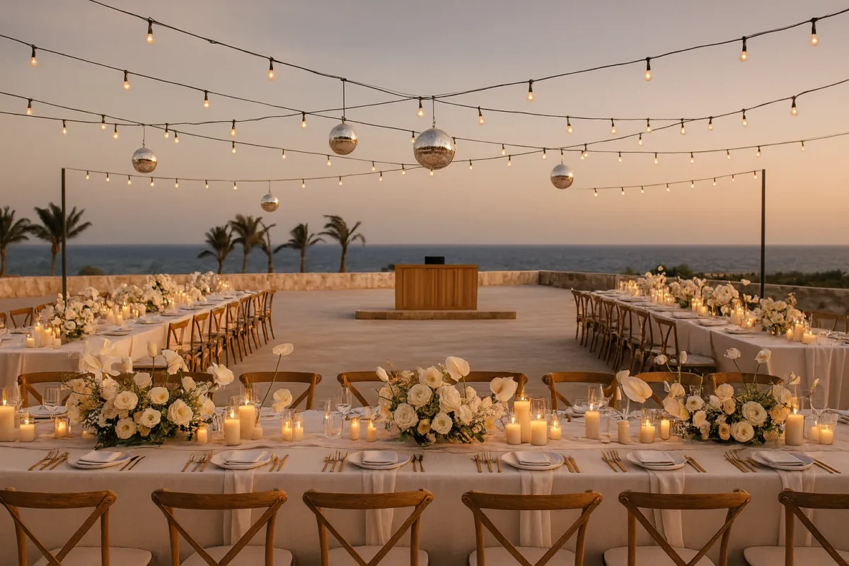 Elegant outdoor wedding reception at Park Hyatt Los Cabos with ocean view, featuring floral centerpieces and string lights.