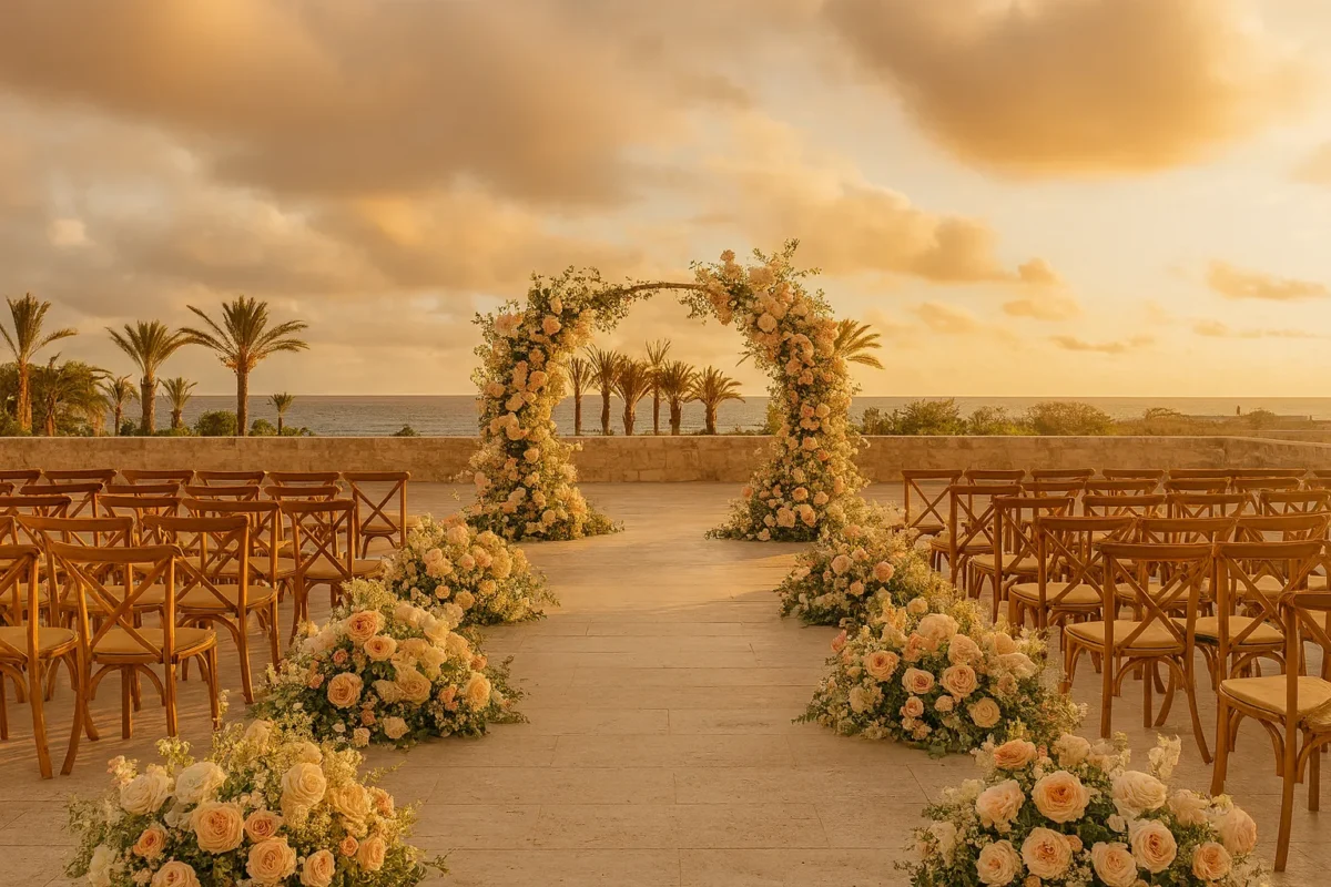 Wedding ceremony setup at Park Hyatt Los Cabos with floral arch and ocean view. Perfect for a Park Hyatt Los Cabos wedding.