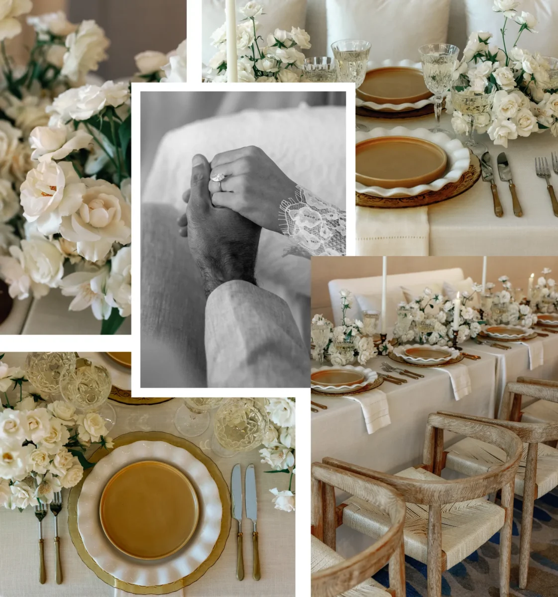 Elegant wedding reception tablescape at Conrad Orlando, featuring gold accents and white floral arrangements.