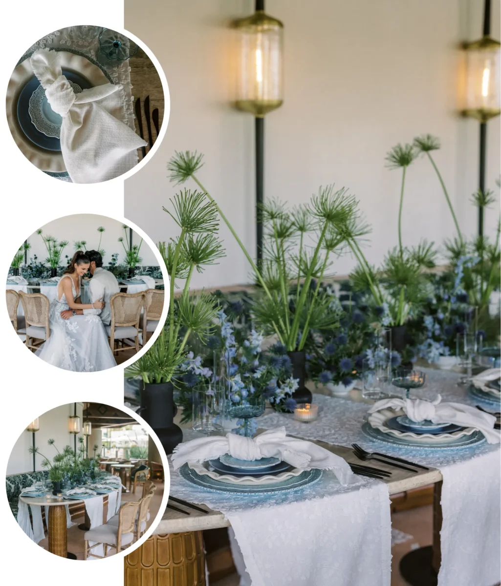 Elegant wedding tablescape at Conrad Orlando with blue and white decor, featuring floral centerpieces and linen napkins.