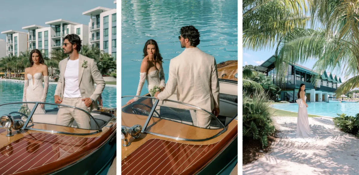 Bride and groom in stylish attire arrive by boat at the luxurious Conrad Orlando.