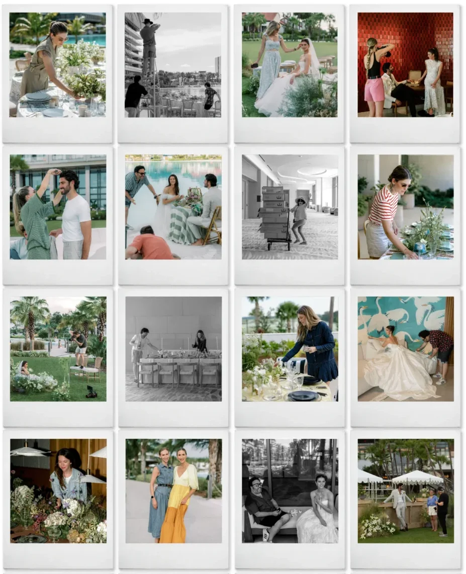 Behind-the-scenes photos of a wedding at the Conrad Orlando, showing event setup, floral arrangements, and the bride and groom.