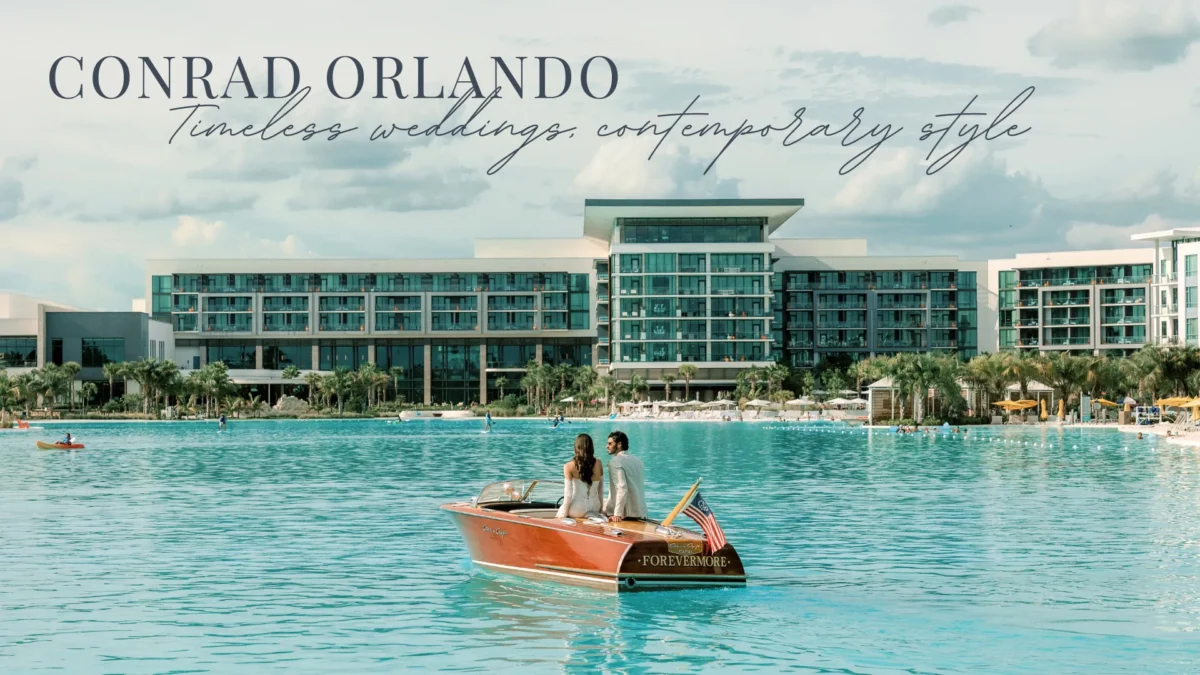 Couple on a vintage boat at the Conrad Orlando, a luxury resort with a large pool.