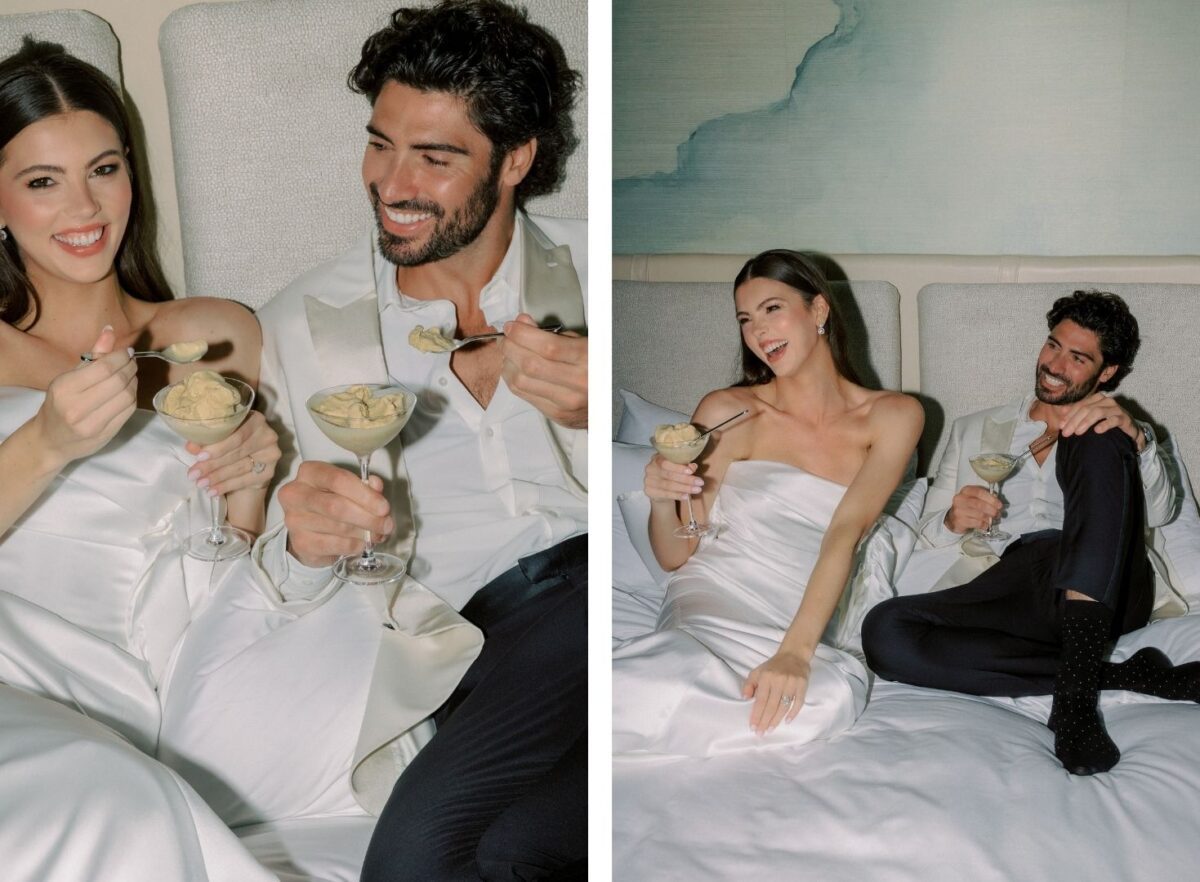 Happy couple in wedding attire enjoying ice cream at the Conrad Orlando.