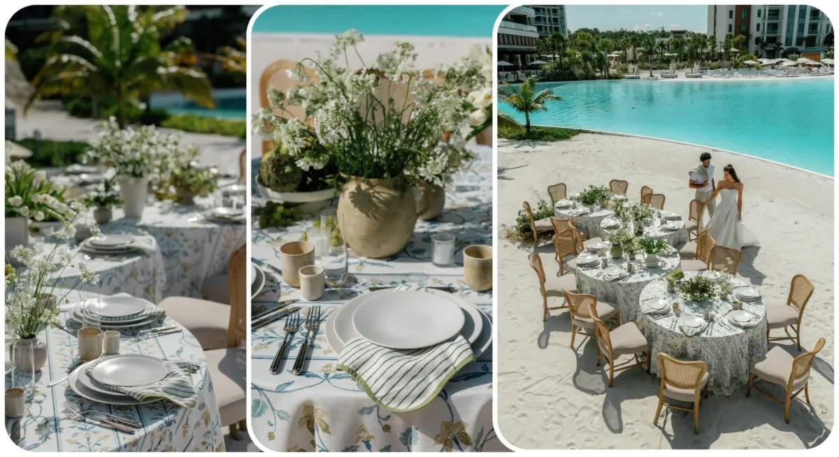Elegant beach wedding reception at Conrad Orlando with round tables, floral centerpieces, and a stunning pool backdrop.