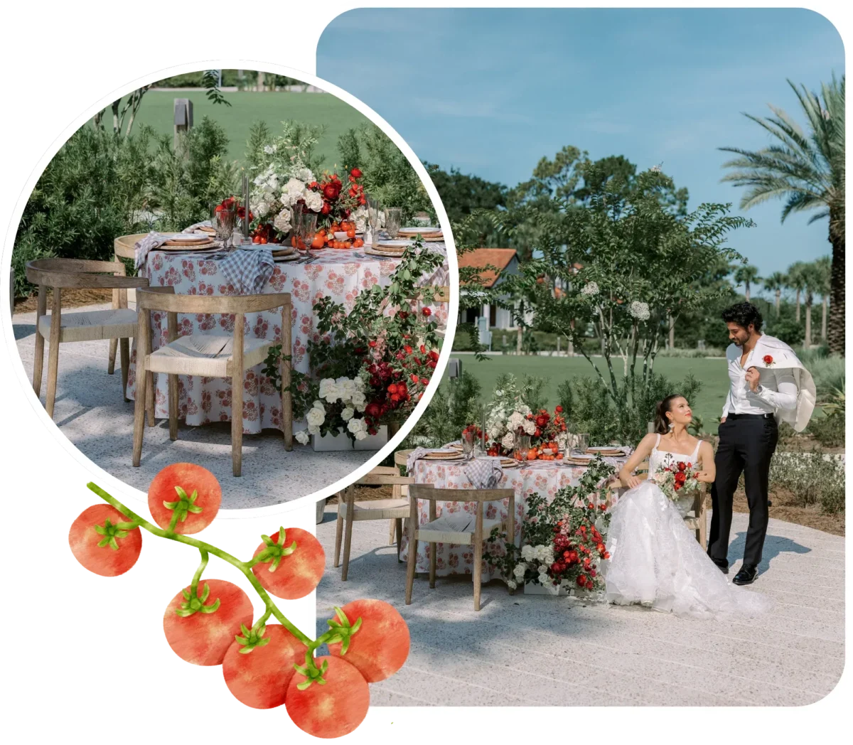 Bride and groom at a romantic outdoor wedding reception at Conrad Orlando, featuring red and white floral centerpieces.