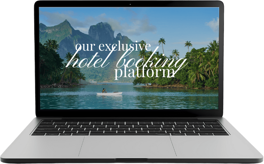 Laptop displaying "Our exclusive hotel booking platform" with a tropical island backdrop.